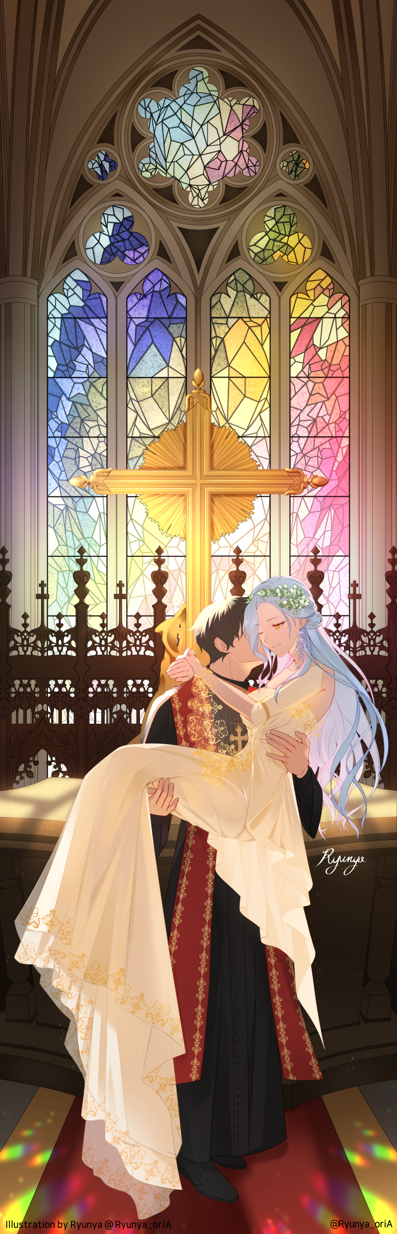 1boy 1girl absurdres bride carrying church closed_eyes commentary_request couple cross dress hetero highres holding_hands original priest princess_carry ryuha0428 stained_glass wedding_dress white_dress