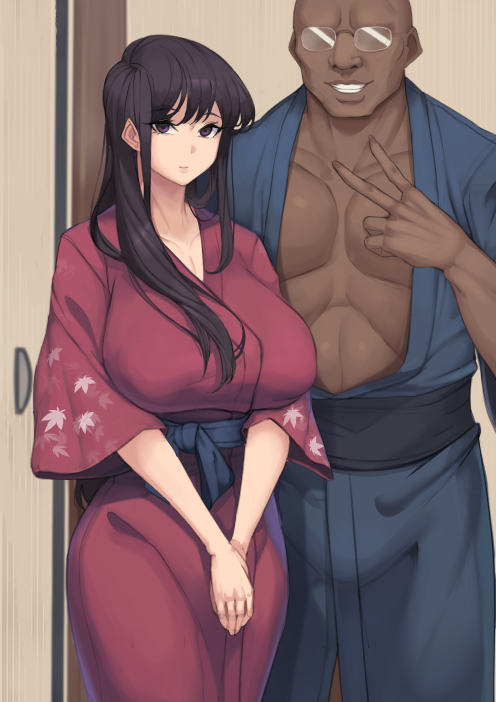 1boy 1girl bald bangs blue_kimono breasts brown_eyes closed_mouth dark_skin dark_skinned_male glasses grin hands_together japanese_clothes kimono komi-san_wa_komyushou_desu komi_shouko large_breasts long_hair looking_at_viewer metal_owl_(aden12) pectorals red_kimono sash smile standing v wide_sleeves