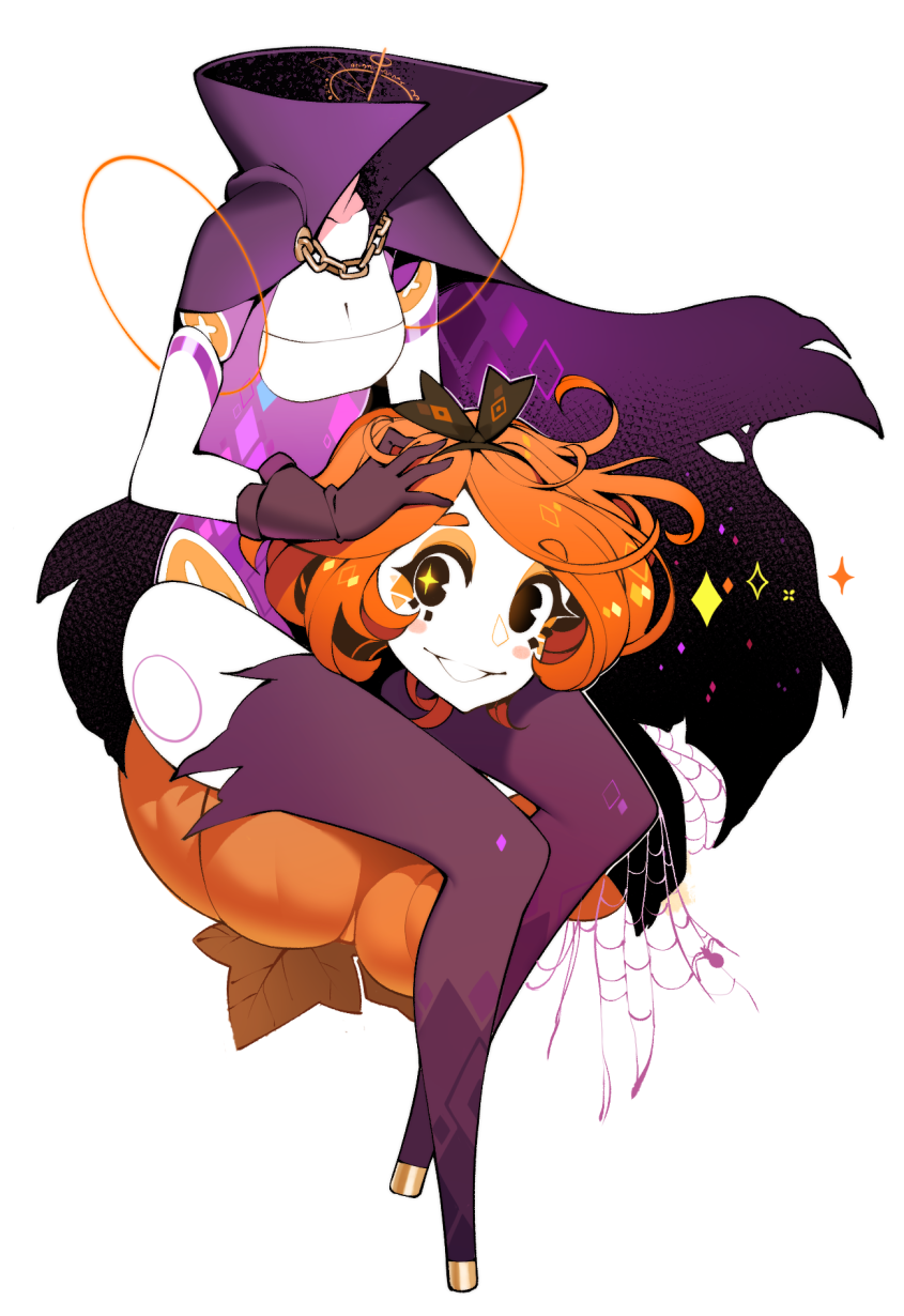 +_+ 1girl black_bow bow bow_hairband bug cape colored_skin commentary disembodied_head dullahan eliza_(halphelt) english_commentary floating_cape hairband halloween halloween_costume halphelt high_collar highres looking_at_viewer no_feet orange_hair original pumpkin purple_cape purple_legwear silk simple_background sitting smile solo spider spider_web thigh-highs torn_cape torn_clothes white_background white_skin