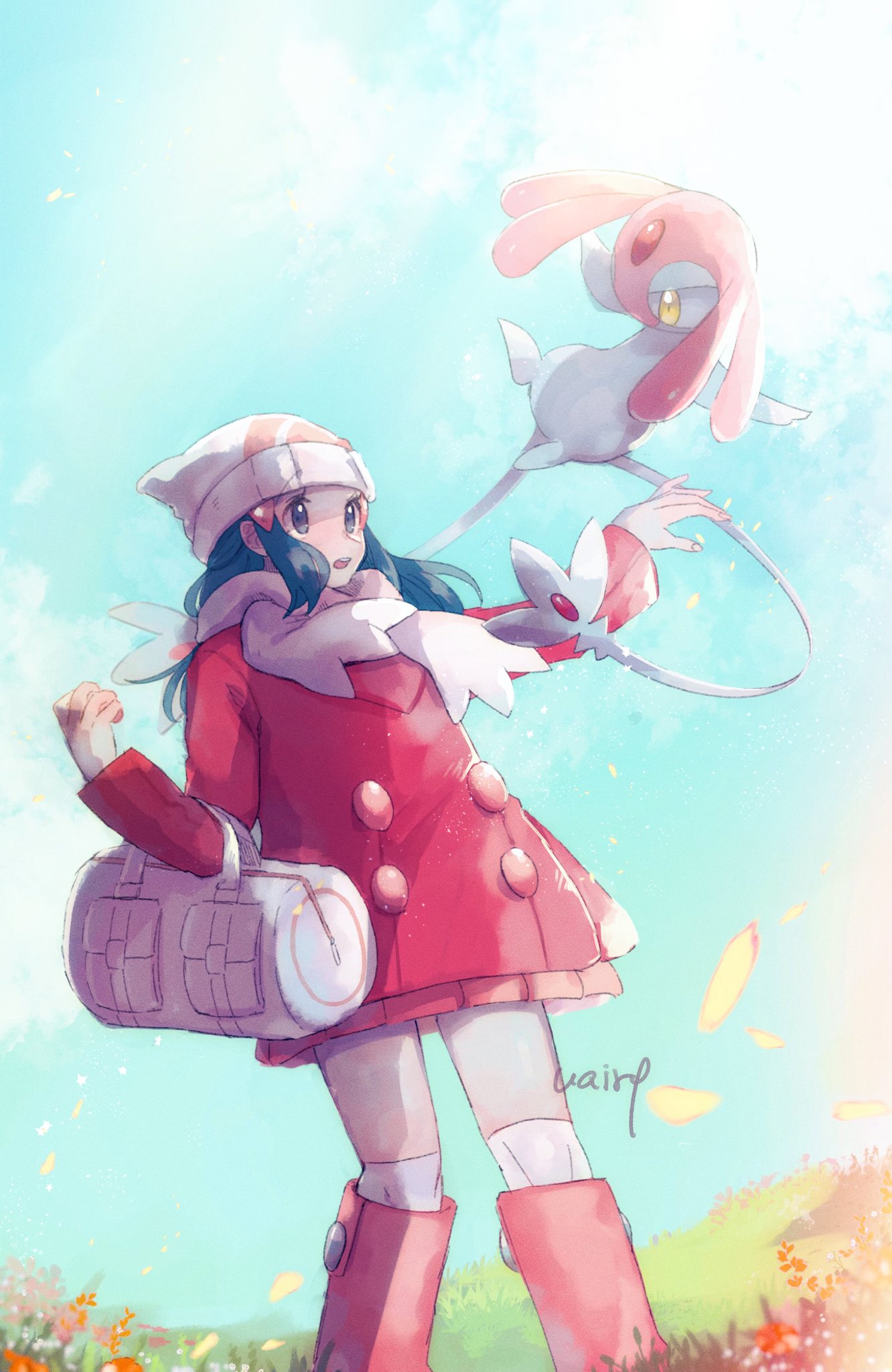 1girl bag beanie black_hair boots buttons coat hikari_(pokemon) day duffel_bag eyelashes grey_eyes hair_ornament hairclip hanenbo hat highres long_hair long_sleeves open_mouth outdoors over-kneehighs petals pokemon pokemon_(creature) pokemon_(game) pokemon_dppt pokemon_platinum red_coat scarf sidelocks signature standing teeth thigh-highs white_bag white_headwear white_legwear white_scarf winter_clothes