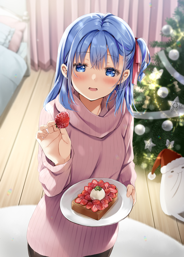 1girl :d bangs bed black_legwear blue_eyes blue_hair blurry blurry_background blush bread christmas_ornaments christmas_tree commentary_request curtains depth_of_field eyebrows_visible_through_hair food fruit fur-trimmed_headwear hair_between_eyes hair_ribbon hat holding holding_food indoors long_hair looking_at_viewer natsume_eri one_side_up open_mouth original pantyhose pillow pink_sweater plate red_headwear red_ribbon ribbed_sweater ribbon santa_hat smile solo strawberry sweater turtleneck turtleneck_sweater wooden_floor