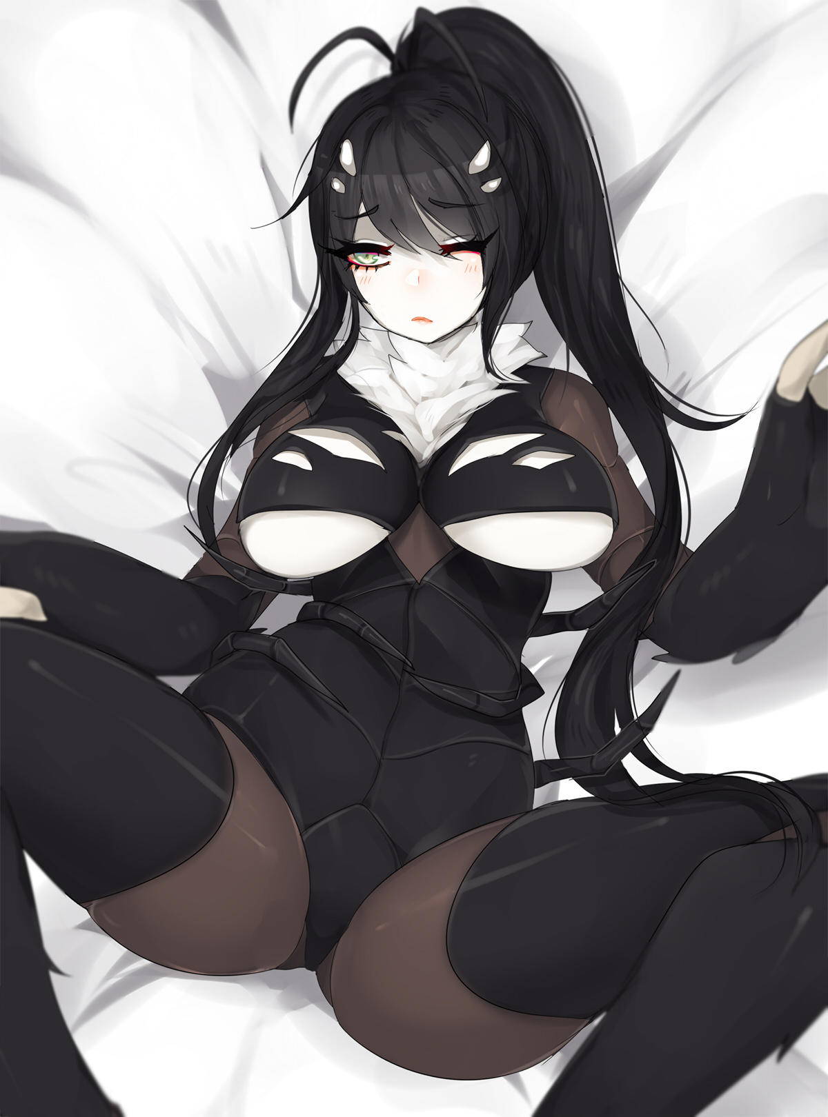 1girl antennae bed_sheet black_hair breasts carapace claws closed_mouth colored_skin commentary english_commentary green_eyes hair_ornament highres insect_girl long_hair looking_at_viewer lying monster_girl on_back on_bed one_eye_closed original ponytail solo spread_legs terupancake under_boob white_skin