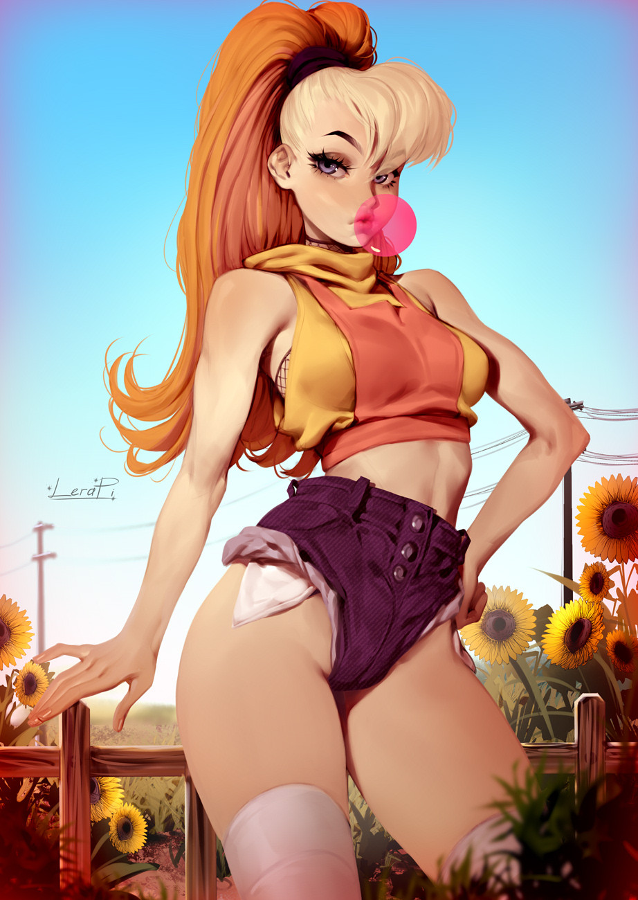 1girl bare_shoulders blonde_hair blue_eyes blue_sky chewing_gum flower grass highres humanization lera_pi lola_bunny looking_at_viewer looney_tunes multicolored_hair orange_hair outdoors pinup_(style) ponytail pose short_shorts shorts sky solo standing sunflower tank_top thigh-highs