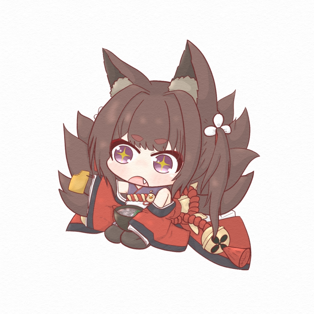 +_+ 1girl aburaage amagi-chan_(azur_lane) animal_ear_fluff animal_ears azur_lane bangs bare_shoulders black_legwear blunt_bangs blush bowl brown_hair brown_tail chibi chopsticks commentary_request eyebrows_visible_through_hair fang food fox_ears fox_girl fox_tail full_body hair_intakes hair_ribbon holding holding_chopsticks japanese_clothes kimono long_hair long_sleeves manjuu_(azur_lane) miso_soup mokezi multiple_tails off-shoulder_kimono off_shoulder open_mouth purple_kimono red_kimono ribbon rope seiza shimenawa sidelocks simple_background sitting sleeves_past_fingers sleeves_past_wrists solo sushi tail thick_eyebrows twintails violet_eyes white_background wide_sleeves