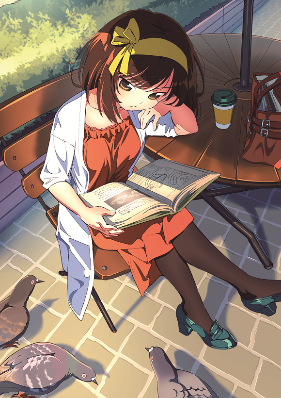 1girl animal bag bird black_legwear book brown_eyes brown_hair casual chair closed_mouth coat collarbone commentary_request cup disposable_cup dress green_footwear hair_ribbon hairband holding holding_book hotaru_iori on_chair open_book open_clothes open_coat outdoors pantyhose pigeon reading red_dress ribbon school_bag shadow shoes short_sleeves sitting solo suzumiya_haruhi suzumiya_haruhi_no_yuuutsu table white_coat yellow_hairband yellow_ribbon