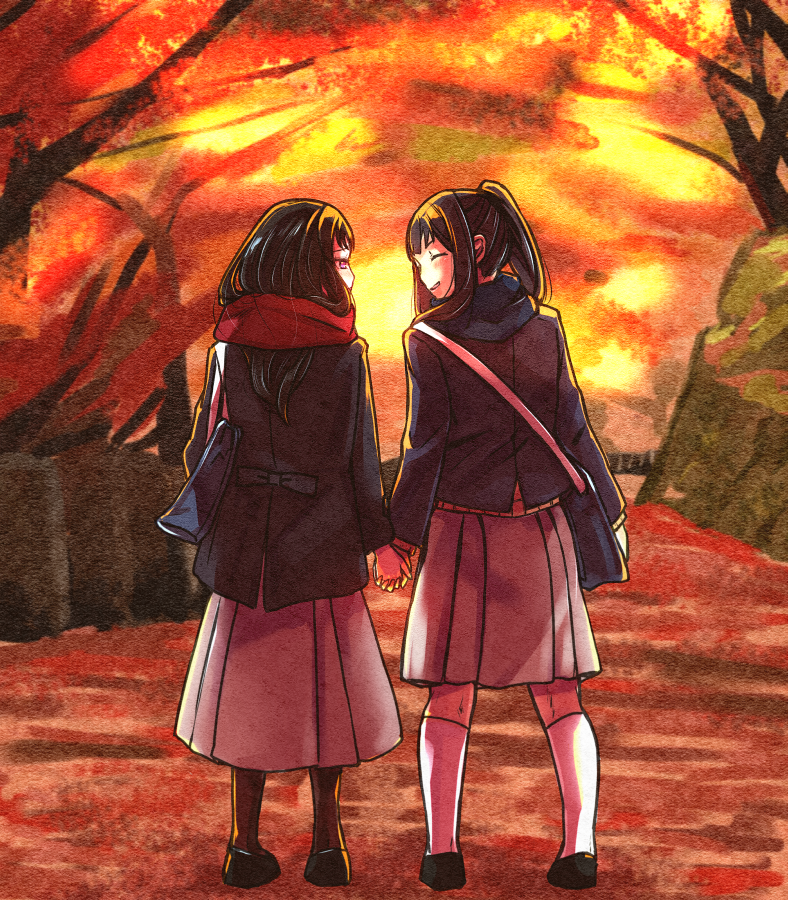 2girls autumn autumn_leaves bag black_hair character_request closed_eyes enpera from_behind hibike!_euphonium holding_hands long_hair looking_at_another misogi_(misogi1341) multiple_girls outdoors ponytail rikka_koukou_marching_band_e_youkoso sasaki_azusa scarf shoulder_bag smile standing tree yuri