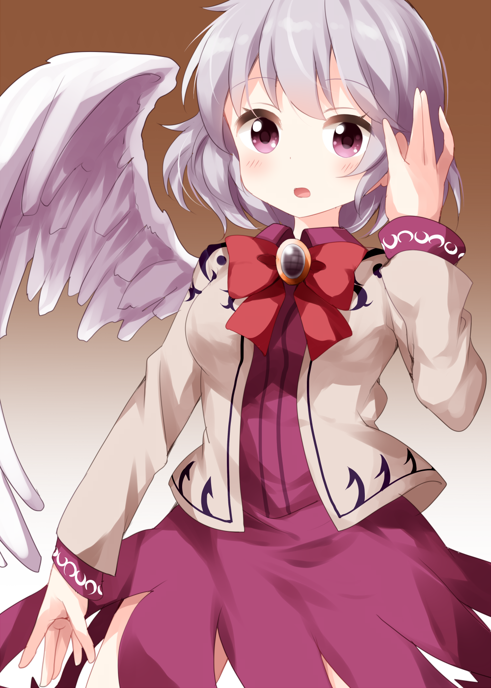 1girl bangs bow bowtie brown_background brown_jacket cowboy_shot dress eyebrows_visible_through_hair gradient gradient_background hand_in_hair highres jacket kishin_sagume looking_at_viewer open_mouth purple_dress red_bow red_neckwear ruu_(tksymkw) short_hair silver_hair single_wing solo standing touhou violet_eyes white_wings wings