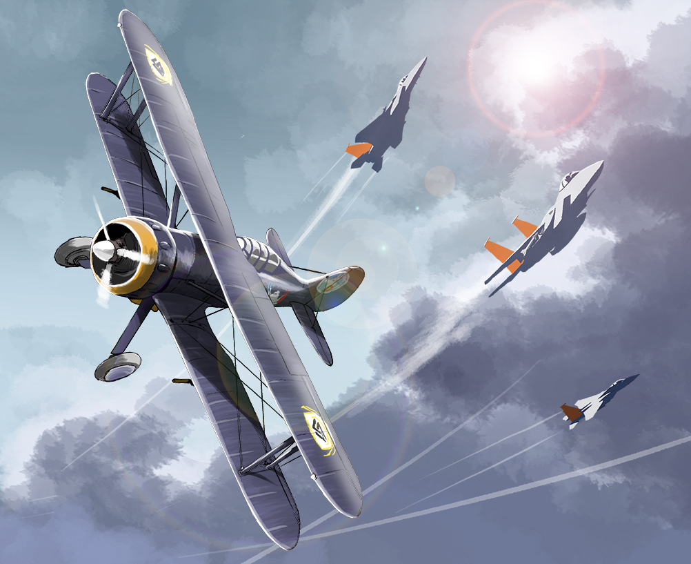 aircraft airplane biplane claudia_bruford clouds fighter_jet flying jet lens_flare matsuda_juukou military military_vehicle no_humans propeller senyoku_no_sigrdrifa sun vehicle_focus