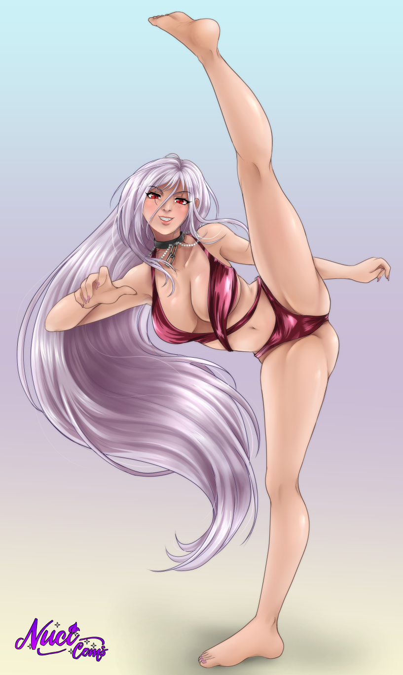 1girl akashiya_moka barefoot breasts chain collar commentary english_commentary fangs feet grin highres inner_moka large_breasts leg_up long_hair looking_at_viewer navel nuciferyne red_eyes rosario+vampire silver_hair slit_pupils smile solo standing standing_on_one_leg swimsuit swimwear very_long_hair