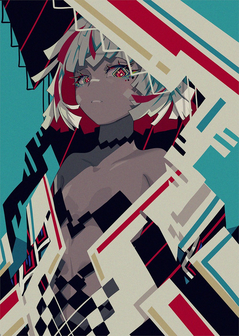 1girl bare_shoulders berryverrine choker dark_skin diamond-shaped_pupils diamond_(shape) flat_chest grey_hair highres looking_at_viewer multicolored_hair original parted_lips red_eyes redhead solo symbol-shaped_pupils upper_body
