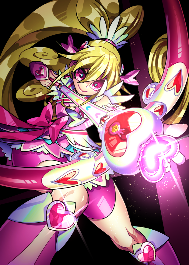 1girl aida_mana black_background blonde_hair bow closed_mouth cure_heart curly_hair detached_sleeves dokidoki!_precure dress heart incoming_attack long_hair magical_girl pink_bow pink_eyes ponytail precure senmu_(0107) short_sleeves shorts shorts_under_dress simple_background smile solo