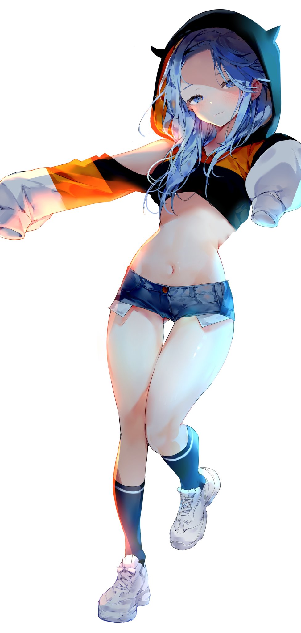 1girl ass_visible_through_thighs backlighting blue_eyes blue_hair blush borrowed_character clothing_cutout commission cropped_hoodie english_commentary exposed_pocket fake_horns flat_chest forehead full_body head_tilt highres hood hood_up hoodie horns long_hair looking_at_viewer minah_(chaesu) naizotan navel original outstretched_arms shoes short_shorts shorts shoulder_cutout sleeves_past_wrists sneakers socks solo thigh_gap white_background