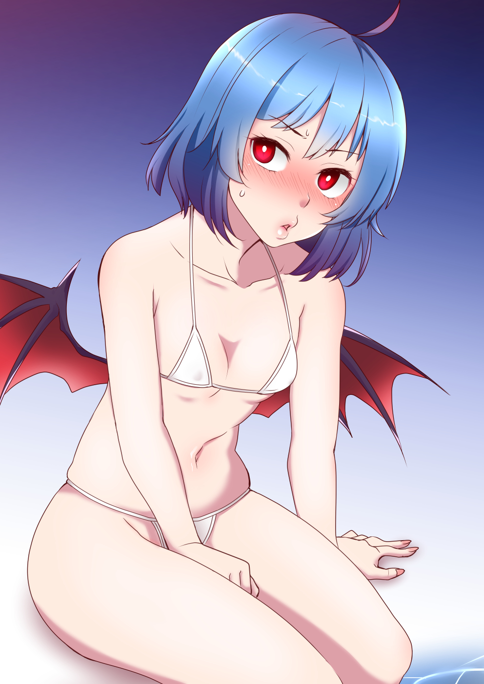 1girl ahoge alternate_costume bangs bat_wings between_legs bikini blue_hair blush breasts bright_pupils collarbone eyebrows_visible_through_hair fingernails gradient gradient_background gradient_hair hair_between_eyes hand_between_legs highres long_fingernails looking_to_the_side looking_up micro_bikini multicolored_hair navel nose_blush outline parted_lips pink_hair pink_lips pink_nails purple_hair red_eyes remilia_scarlet shiny shiny_hair shiraue_yuu short_hair sitting small_breasts solo stomach sweatdrop swimsuit thighs touhou water white_bikini white_pupils wings