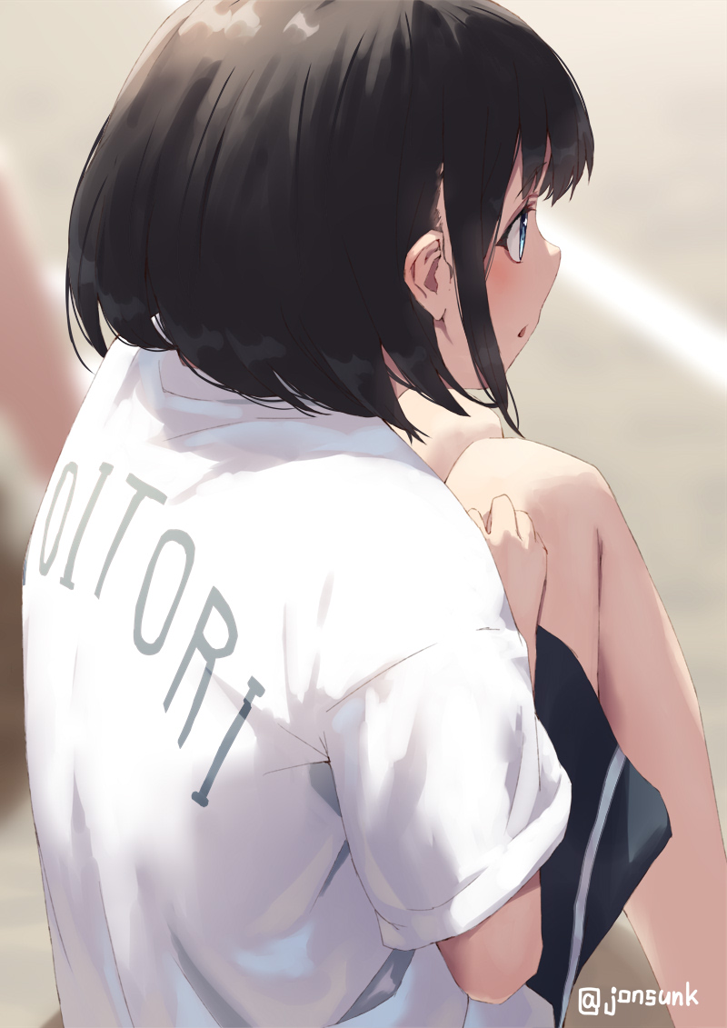 1girl artist_name black_hair blue_eyes blurry bob_cut depth_of_field jonsun knees_up legs original pants profile sitting sportswear track_pants track_uniform