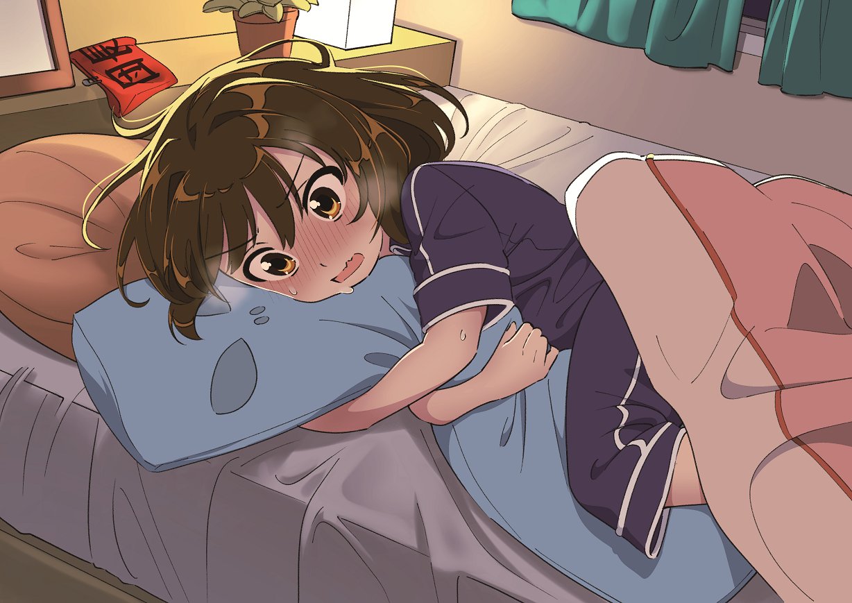 1girl armband armband_removed bangs bed bed_sheet bedroom blanket blue_pajamas blush breath brown_eyes brown_hair commentary_request curtains embarrassed flower_pot full-face_blush hotaru_iori indoors kiss_day lying object_hug on_bed on_side open_mouth pajamas paperclip picture_frame pillow plant potted_plant red_armband short_sleeves solo stuffed_toy suzumiya_haruhi suzumiya_haruhi_no_yuuutsu sweat wavy_mouth window