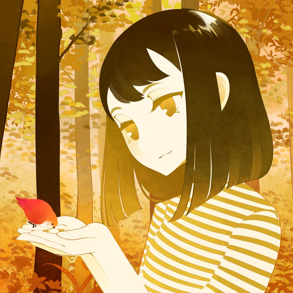 1girl autumn_leaves bird bird_on_hand bob_cut commentary cupping_hands english_commentary forest from_side halphelt hands_up head_tilt medium_hair nature original parted_lips shirt smile solo spot_color striped striped_shirt tree upper_body yellow_theme