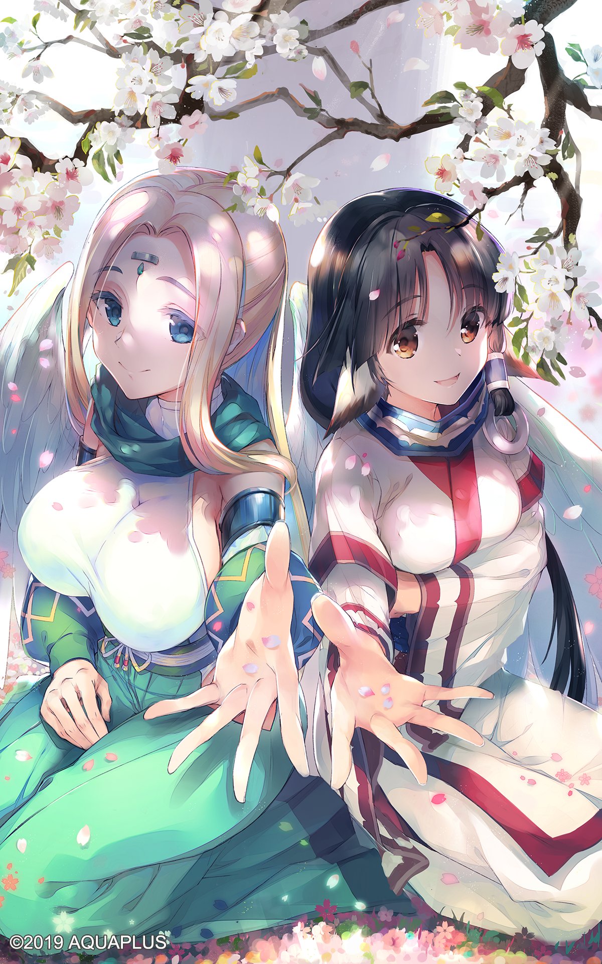 2019 2girls ainu_clothes angel_wings animal_ears baisi_shaonian black_hair blonde_hair blue_eyes breasts brown_eyes closed_mouth company_name dated eruruw flower highres large_breasts long_hair looking_at_viewer medium_breasts multiple_girls open_mouth petals smile urtoriy utawareru_mono white_wings wings