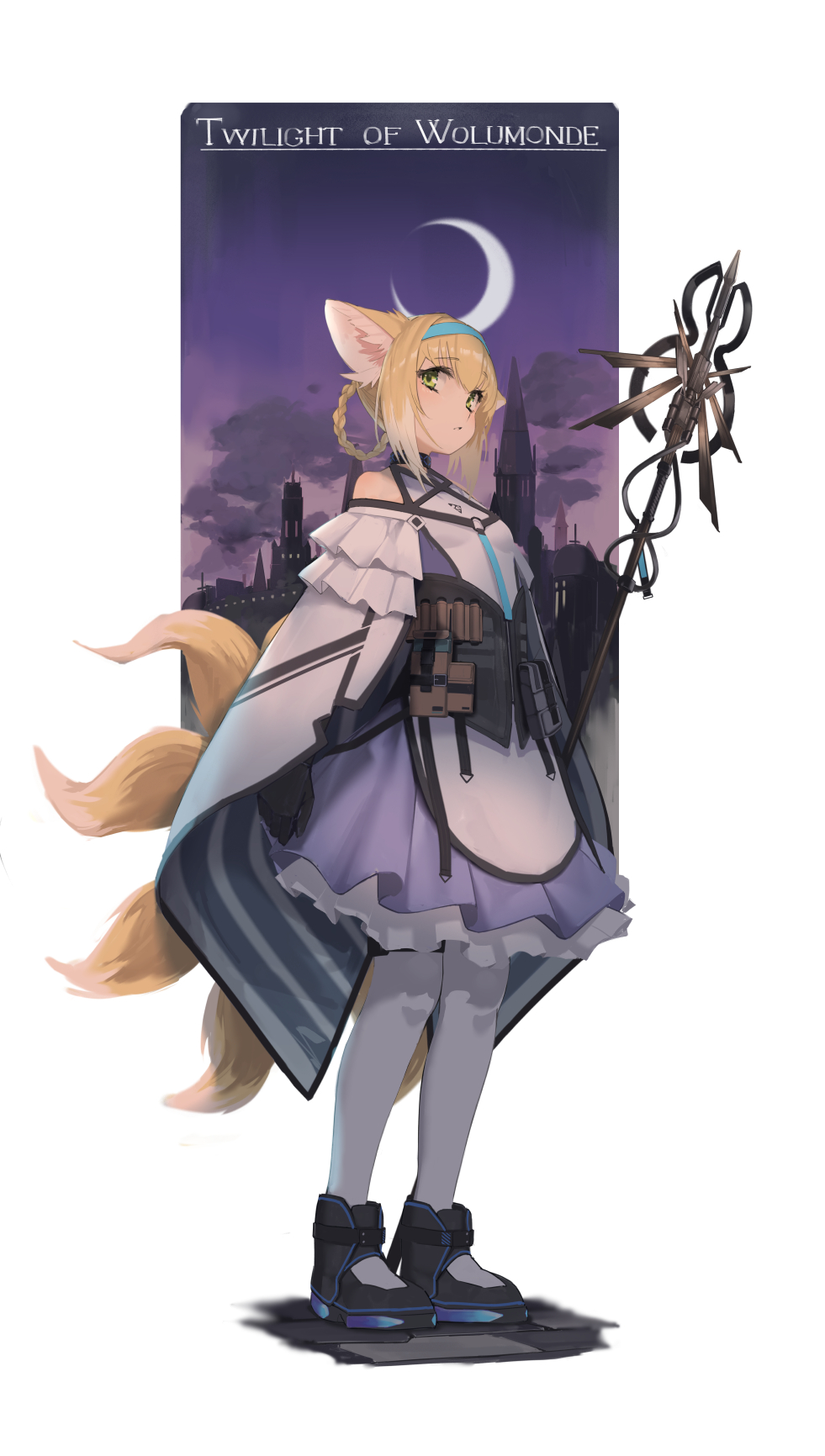 1girl animal_ears arknights black_footwear black_gloves blonde_hair boots braid breasts building cloak commentary crescent_moon dress english_text eyebrows_visible_through_hair eyelashes fox_ears fox_tail frills full_body gloves green_eyes hair_rings hairband highres holding holding_staff looking_at_viewer marble_(marblesized) moon multiple_tails night night_sky pantyhose parted_lips purple_dress short_hair sky small_breasts solo staff standing suzuran_(arknights) tactical_clothes tail vest white_cloak white_legwear