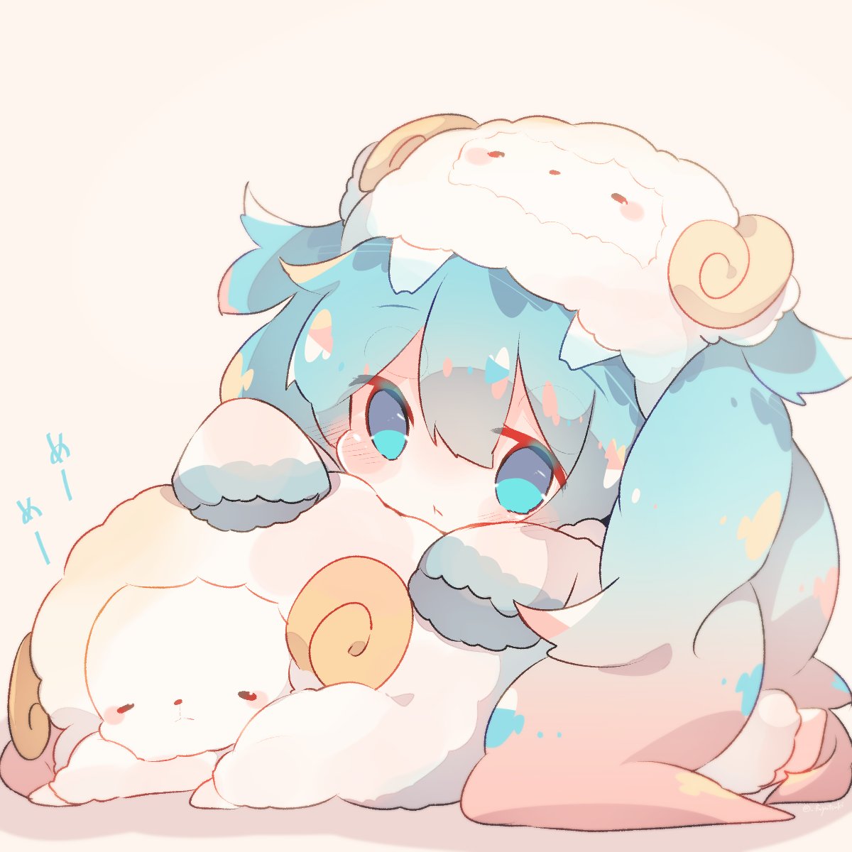 1girl animal_hat blush chibi commentary doll_hug fuyuzuki_gato gradient_hair hat hatsune_miku head_tilt highres horns long_hair multicolored_hair pajamas pink_hair sheep sheep_horns shirt sideways_glance sleeves_past_wrists solo stuffed_animal stuffed_toy twintails very_long_hair vocaloid