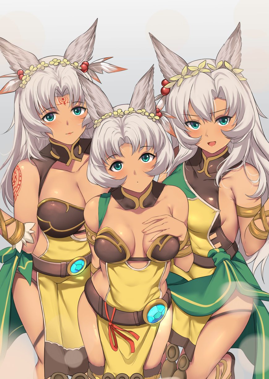 3girls animal_ears armlet black_gloves breasts cat_ears cat_paws dark_skin dark-skinned_female erune felluca flower flower_wreath gloves granblue_fantasy grey_hair hair_flower hair_ornament head_wreath highres kauru00 looking_at_viewer melleau multiple_girls nemone paw_gloves paws sideboob