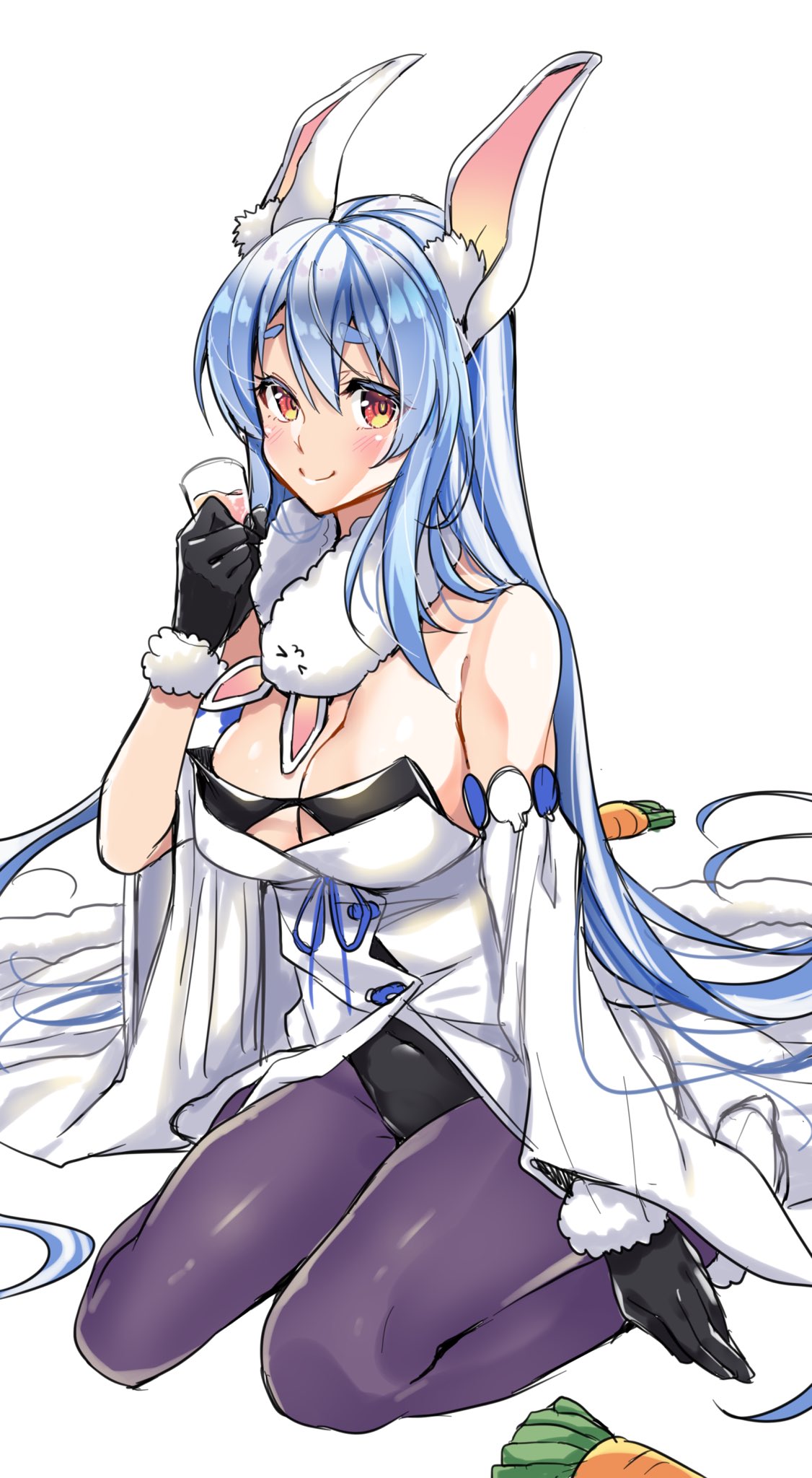 1girl absurdly_long_hair animal_ears bare_shoulders black_gloves blue_hair blush breasts commentary_request cosplay cup don-chan_(usada_pekora) dress drinking_glass fur-trimmed_dress fur-trimmed_gloves fur_trim gloves highres holding holding_cup hololive large_breasts long_hair looking_at_viewer pekomama playboy_bunny rabbit_ears sasakuma_kyouta shot_glass simple_background smile solo usada_pekora usada_pekora_(cosplay) very_long_hair virtual_youtuber white_background white_dress wine_glass