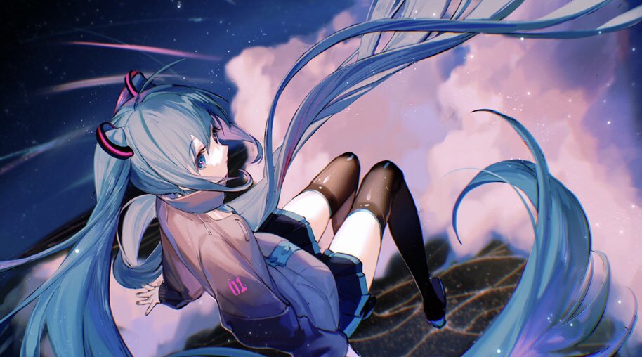 1girl above_clouds absurdly_long_hair aqua_eyes aqua_hair black_legwear black_skirt blue_eyes blue_hair chinese_commentary commentary commentary_request english_commentary floating floating_hair from_above grey_shirt hair_ornament hatsune_miku long_hair looking_at_viewer looking_back meltyland_nightmare miniskirt mixed-language_commentary night night_sky number_print pleated_skirt rumoon_cocoa shirt sitting skirt sky solo star_(sky) thigh-highs twintails very_long_hair vocaloid zettai_ryouiki