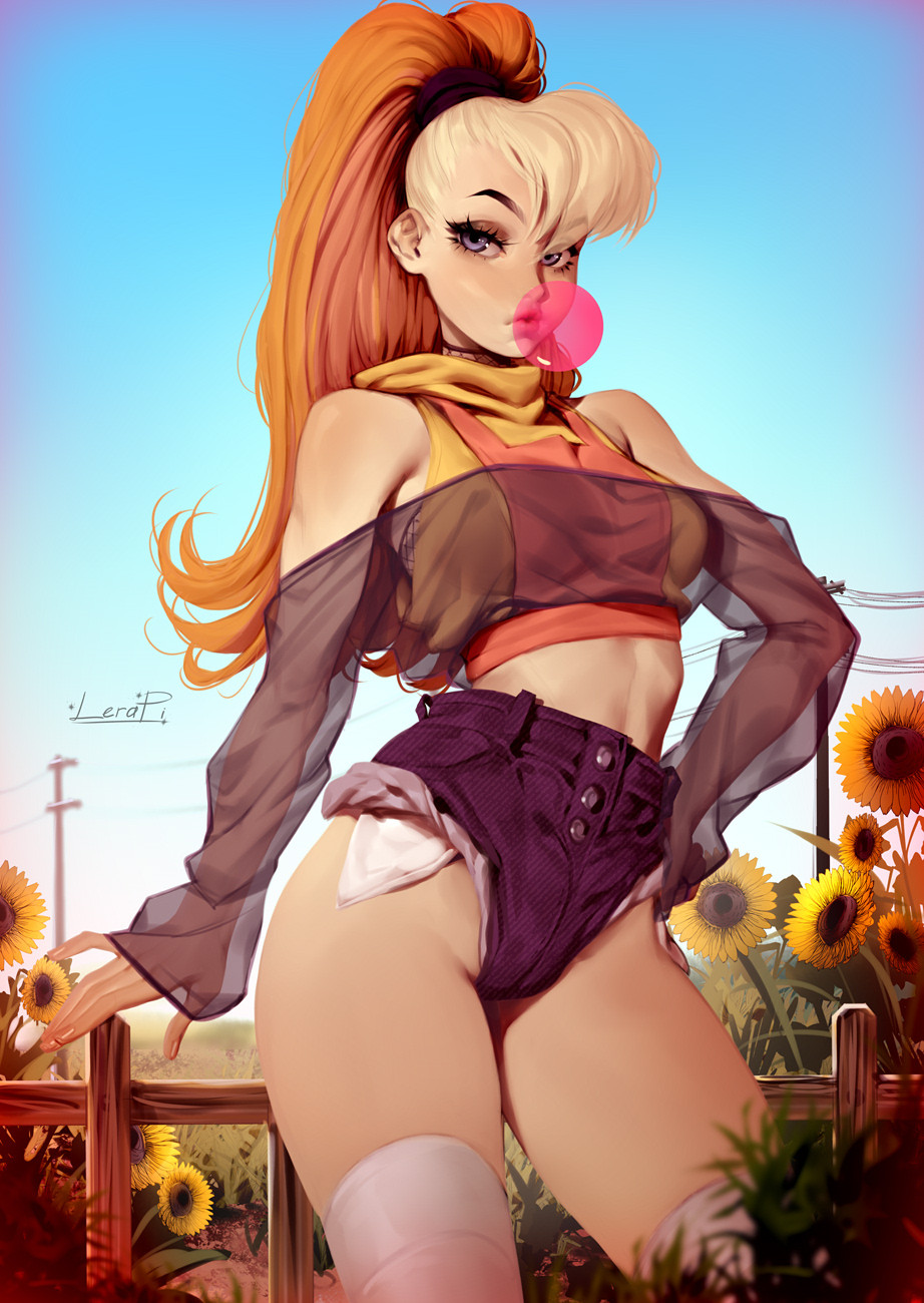 1girl bare_shoulders blonde_hair blue_eyes blue_sky chewing_gum flower grass highres humanization lera_pi lola_bunny looking_at_viewer looney_tunes multicolored_hair orange_hair outdoors pinup_(style) ponytail pose short_shorts shorts sky solo standing sunflower tank_top thigh-highs