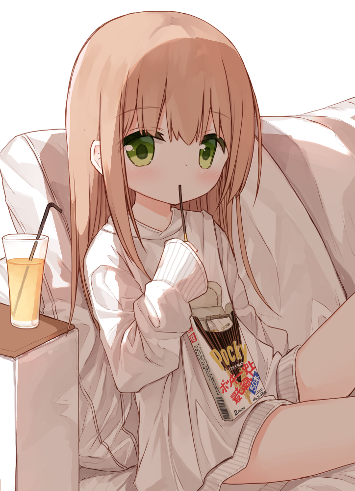 1girl bangs bendy_straw blush box brown_hair closed_mouth cup cushion drink drinking_glass drinking_straw eyebrows_visible_through_hair food green_eyes hair_between_eyes holding holding_food long_hair long_sleeves looking_at_viewer original pocky shirt sitting sleeves_past_wrists solo very_long_hair waka_(yuuhagi_(amaretto-no-natsu)) white_shirt wide_sleeves yuuhagi_(amaretto-no-natsu)