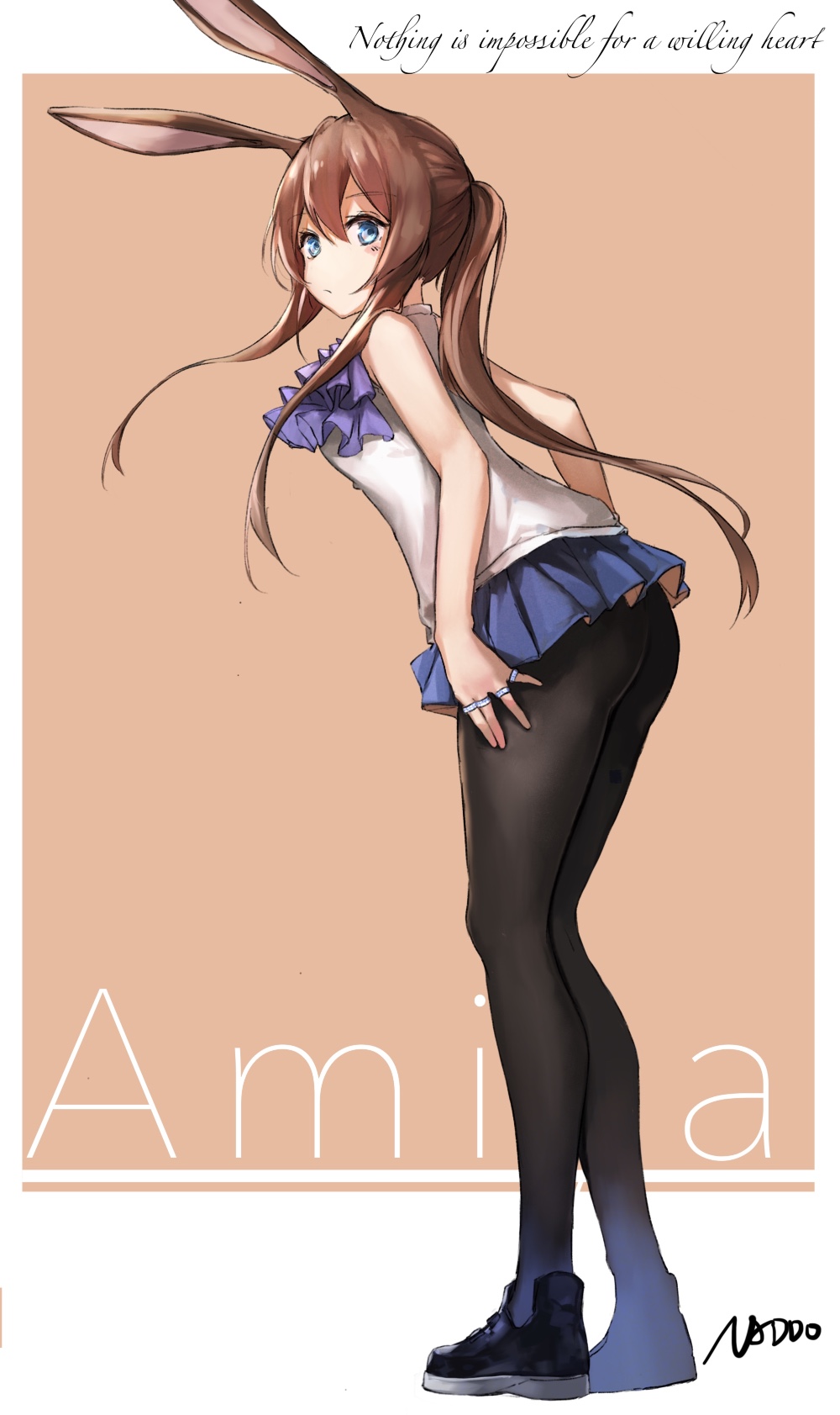 1girl amiya_(arknights) arknights ascot ass bangs bare_shoulders black_footwear black_legwear blue_eyes blue_skirt blush border brown_hair character_name closed_mouth english_text eyebrows_visible_through_hair from_side full_body highres jewelry leaning_forward long_hair looking_at_viewer looking_to_the_side miniskirt omuretu_(butterroru) orange_background outside_border pantyhose pleated_skirt ponytail purple_neckwear ring shirt sidelocks signature simple_background skirt sleeveless sleeveless_shirt solo standing white_border white_shirt