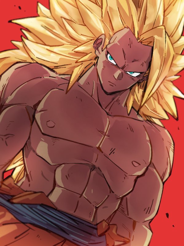 1boy abs blonde_hair blue_eyes closed_mouth dragon_ball dragon_ball_z kemachiku long_hair looking_at_viewer male_focus muscle nipples no_eyebrows red_background simple_background solo son_goku super_saiyan super_saiyan_3 topless