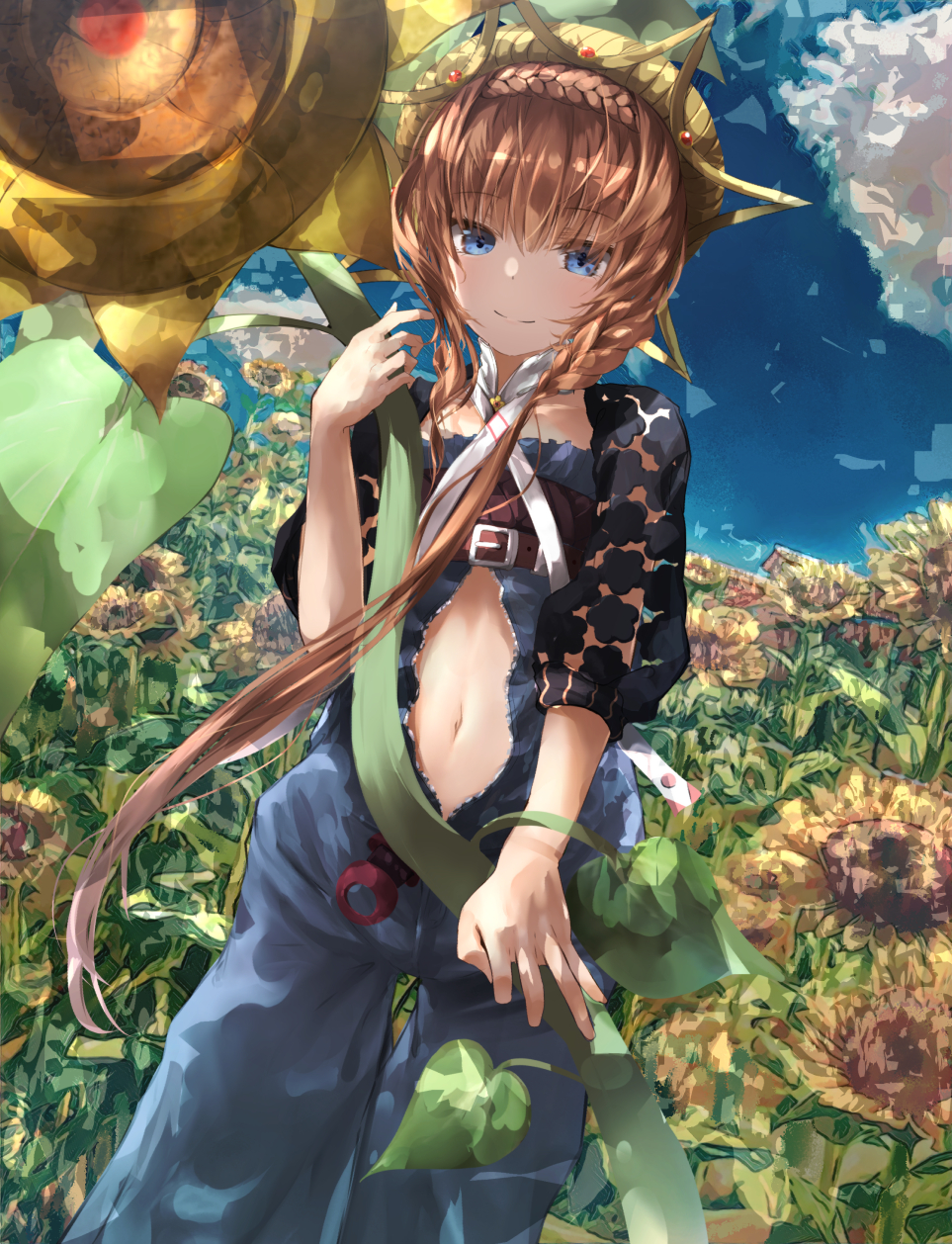 1girl bangs belt blue_eyes blue_sky blush braid brown_belt brown_hair closed_mouth commentary_request crown_braid day eyebrows_visible_through_hair fate/grand_order fate_(series) field flower flower_field hand_up highres long_hair long_sleeves looking_at_viewer nature navel outdoors sakazakinchan short_hair sky sleeves_past_elbows smile solo stomach sunflower van_gogh_(fate)