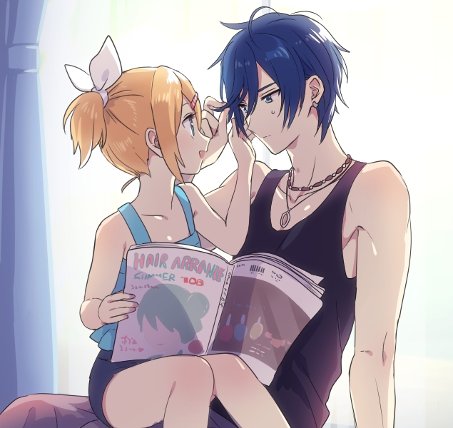 1boy 1girl ahoge akiyoshi_(tama-pete) arm_up bangs bare_shoulders black_shirt black_shorts blonde_hair blue_eyes blue_hair blue_shirt closed_mouth collarbone commentary ear_piercing earrings english_text eye_contact face-to-face hair_between_eyes hair_ornament hairclip hetero holding holding_magazine indoors jewelry journal kagamine_rin kaito light looking_at_another magazine neckwear open_mouth pants pendant piercing playing_with_another's_hair playing_with_own_hair ponytail shirt short_hair short_ponytail shorts simple_background sitting sitting_on_lap sitting_on_person sleeveless sleeveless_shirt smile sweat upper_body vocaloid white_background