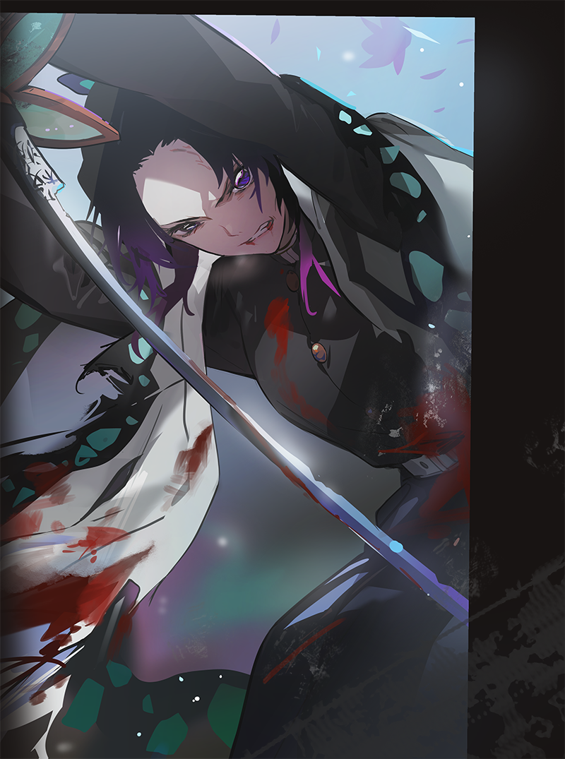 1girl black_hair black_jacket black_pants blood blood_from_mouth bloody_clothes clenched_teeth from_below gradient_hair haori holding holding_sword holding_weapon jacket japanese_clothes katana kimetsu_no_yaiba kochou_shinobu long_sleeves military military_uniform multicolored_hair naye pants purple_hair short_hair solo sword teeth torn_clothes uniform violet_eyes weapon
