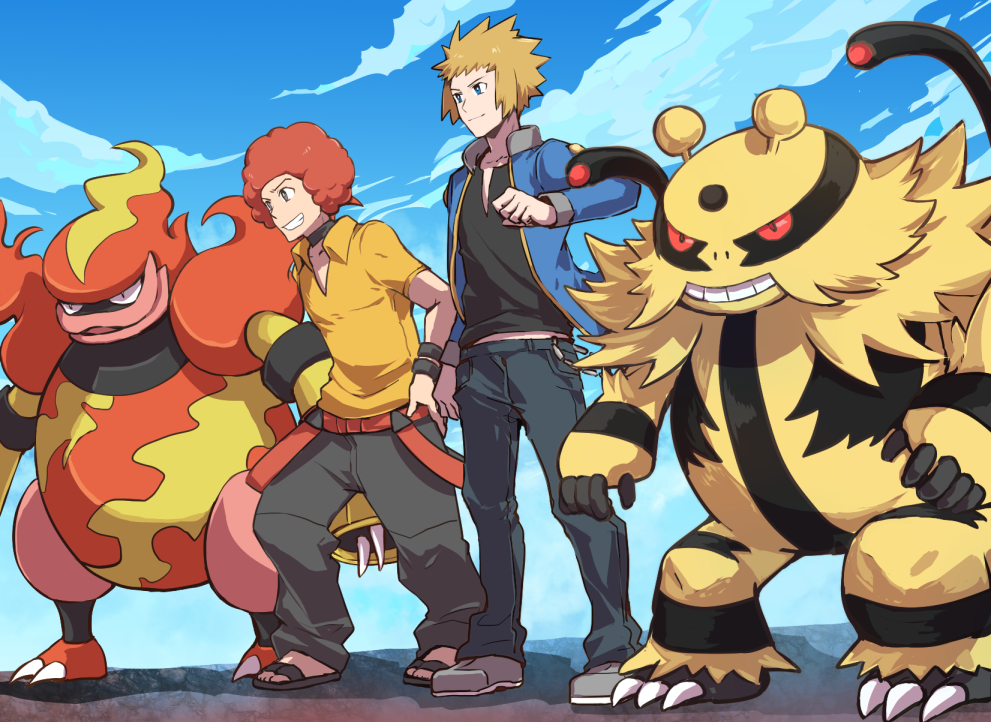 2boys afro baggy_pants black_shirt blonde_hair blue_eyes blue_jacket closed_mouth clouds collared_shirt electivire flint_(pokemon) gen_4_pokemon grey_eyes grey_footwear hand_on_hip hand_up jacket long_sleeves magmortar male_focus multiple_boys open_clothes open_jacket outdoors pants pokemon pokemon_(creature) pokemon_(game) pokemon_dppt redhead sandals shirt shoes short_sleeves sky smile spiky_hair standing symbol_commentary teeth tsukumo_(shiro_bnal) volkner_(pokemon)