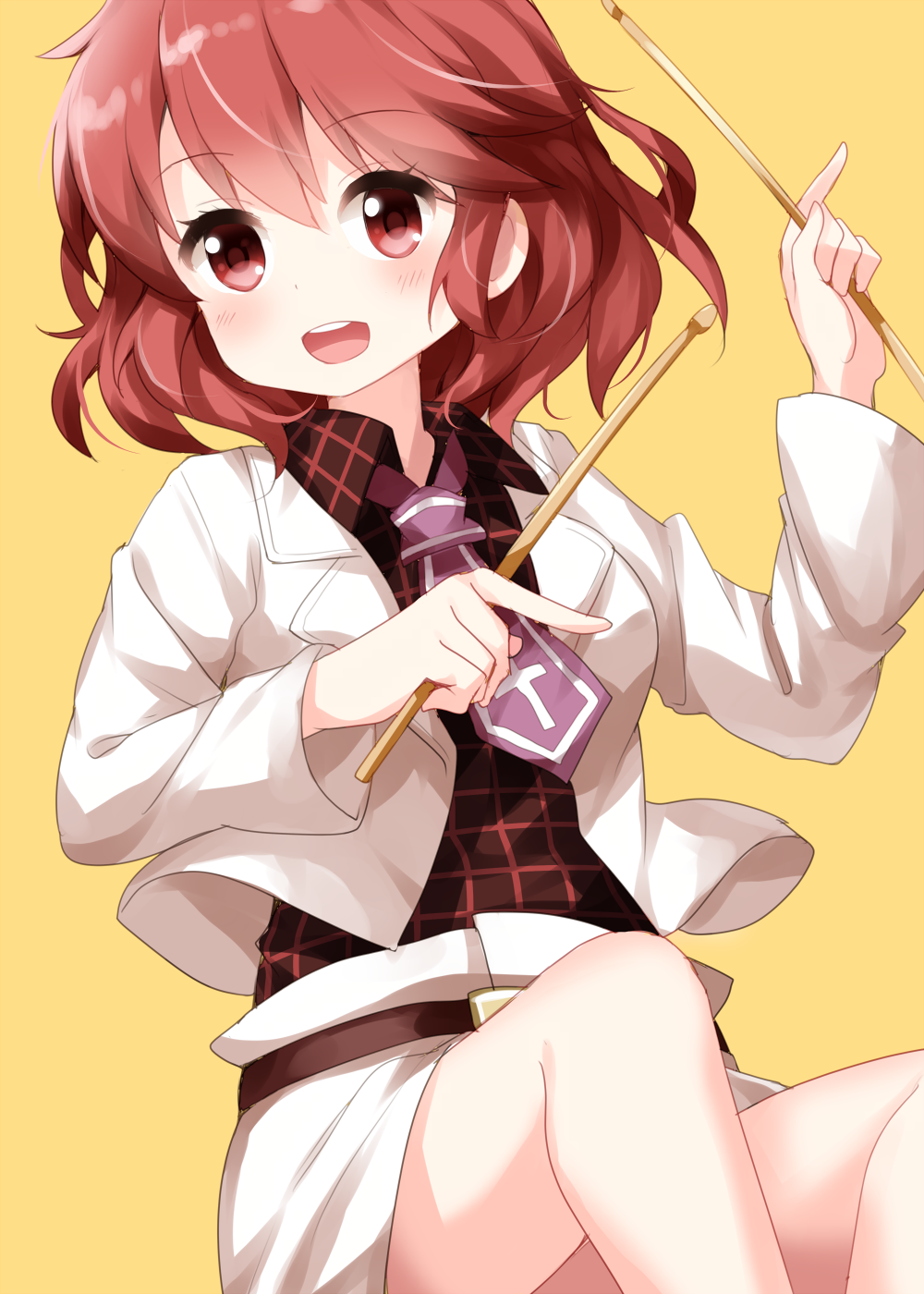 1girl bangs belt black_belt black_shirt collared_shirt drumsticks eyebrows_visible_through_hair hair_between_eyes highres holding holding_drumsticks horikawa_raiko index_finger_raised jacket long_sleeves looking_at_viewer medium_hair necktie open_mouth plaid plaid_shirt purple_neckwear red_eyes redhead ruu_(tksymkw) shirt simple_background sitting skirt smile solo teeth touhou white_jacket white_skirt yellow_background