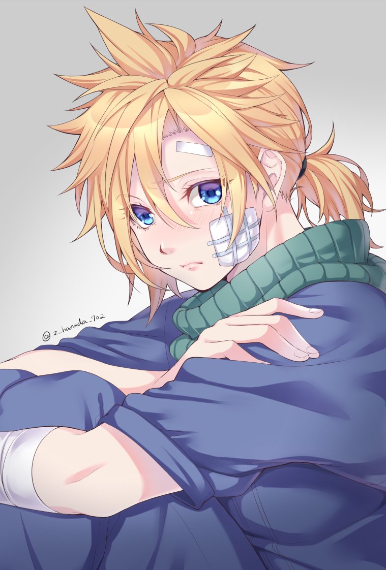 1boy alternate_costume artist_name bandaged_arm bandages bandaid bandaid_on_cheek bandaid_on_forehead bangs blonde_hair blue_eyes blue_jacket blue_pants blush character_request check_character closed_mouth cloud_strife commentary_request final_fantasy final_fantasy_vii from_side furofuki_daikon grey_background hair_between_eyes hair_tie jacket leg_up looking_at_viewer male_focus pants short_hair short_ponytail short_sleeves solo spiky_hair twitter_username