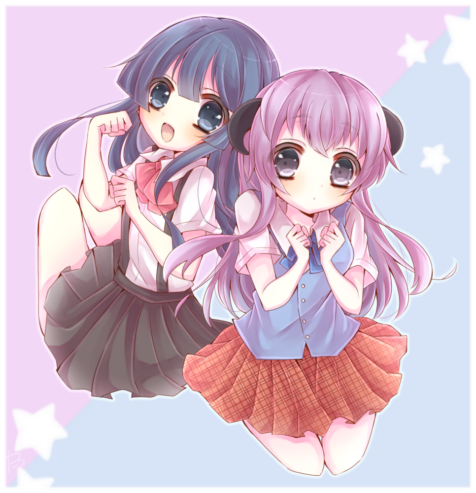 2girls blue_bow blue_eyes blue_hair bow furude_rika hanyuu higurashi_no_naku_koro_ni horns long_hair multiple_girls open_mouth plaid plaid_skirt pleated_skirt purple_hair red_bow shirt short_sleeves skirt star_(symbol) suspender_skirt suspenders taro_pk vest violet_eyes white_shirt