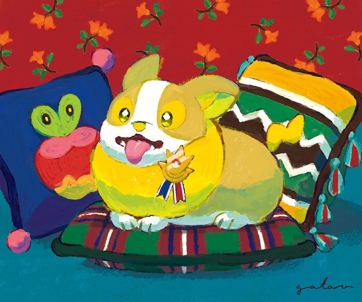 applin character_print commentary_request cushion gatao gen_8_pokemon green_eyes indoors lying medal no_humans on_stomach open_mouth paws pokemon pokemon_(creature) signature solo tongue tongue_out yamper