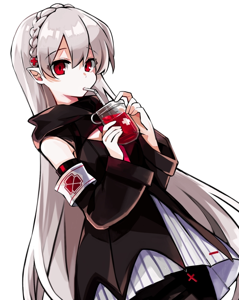 1girl arknights armband bangs black_jacket black_legwear blood blood_bag braid dress drinking drinking_blood hair_ornament hood hood_down hooded_jacket jacket long_hair looking_at_viewer pointy_ears red_cross red_eyes shion_(yuyu3113) silver_hair simple_background solo vampire warfarin_(arknights) white_background white_dress