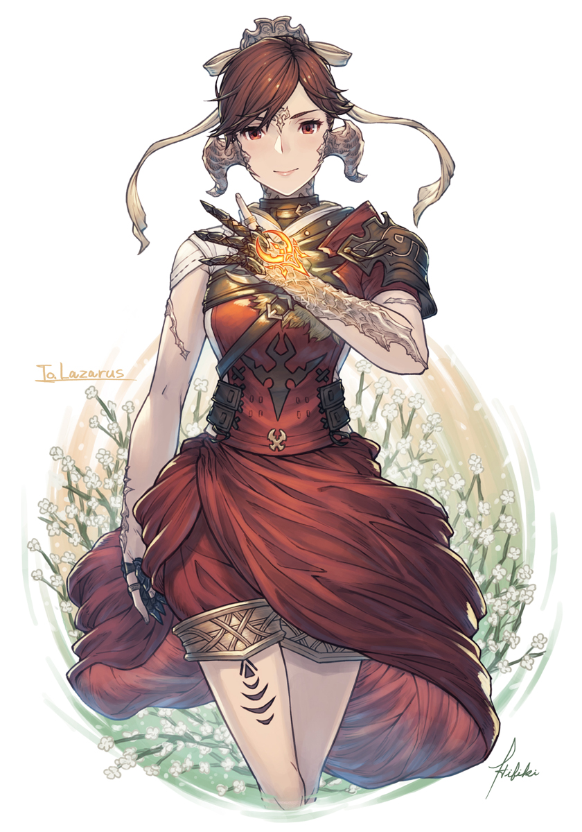 1girl armor asymmetrical_clothes au_ra bangs breasts brown_eyes brown_hair commission dragon_girl hair_ornament highres ivris looking_at_viewer medium_breasts parted_bangs scales short_hair shoulder_armor skeb_commission solo