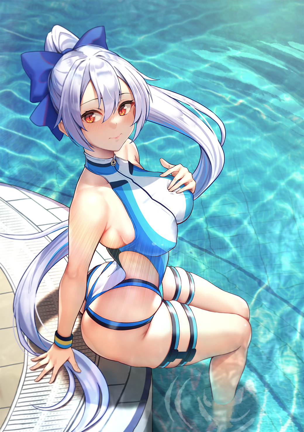 1girl ass bangs blue_bow blue_swimsuit bow breasts fate/grand_order fate_(series) hair_between_eyes hair_bow highleg highleg_swimsuit highres large_breasts long_hair looking_at_viewer one-piece_swimsuit ponytail poolside red_eyes silver_hair sitting solar_(happymonk) swimsuit thigh_strap thighs tomoe_gozen_(fate/grand_order) tomoe_gozen_(swimsuit_saber)_(fate) two-tone_swimsuit water white_swimsuit