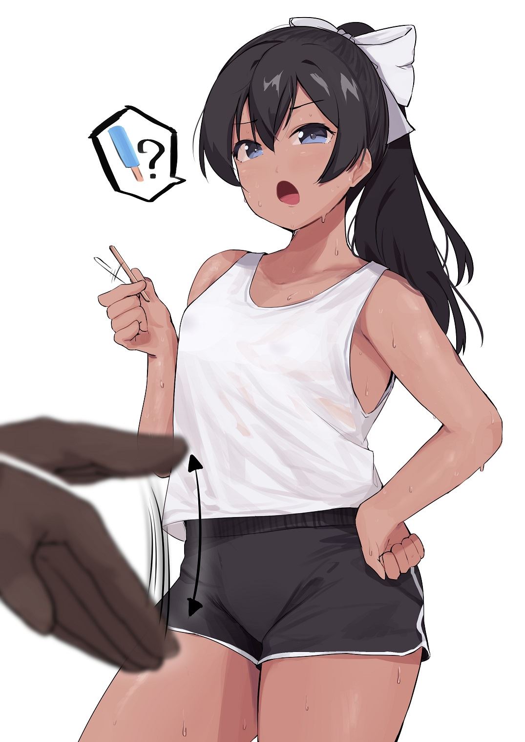 1boy 1girl ? afterimage bare_shoulders black_hair blue_eyes bow collarbone dark_skin dark_skinned_male eyebrows_visible_through_hair hair_between_eyes hair_bow hand_on_hip highres holding long_hair motion_lines okpriko open-mail original popsicle_stick short_shorts shorts simple_background solo_focus speech_bubble sweat tongue white_background white_bow