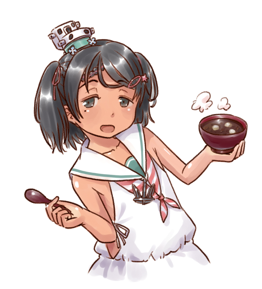 1girl :d black_eyes black_hair bowl braid commentary_request dress eyebrows_visible_through_hair holding holding_bowl holding_spoon kantai_collection karasu_(naoshow357) looking_at_viewer mole mole_under_eye neckerchief open_mouth oshiruko_(food) sailor_collar sailor_dress scirocco_(kantai_collection) short_hair simple_background sleeveless sleeveless_dress smile solo spoon striped striped_neckwear tan tareme two_side_up upper_body white_background white_sailor_collar