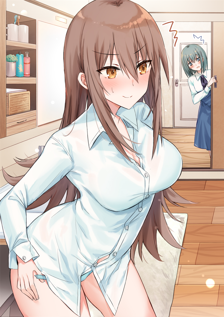 /\/\/\ 2girls bangs black_bow blue_panties blue_skirt blush bow breasts brown_eyes brown_hair closed_mouth collared_shirt commentary_request door dress_shirt eyebrows_visible_through_hair green_eyes green_hair hair_between_eyes high-waist_skirt highres indoors kinona leaning_forward long_hair medium_breasts multiple_girls no_pants original panties shirt skirt sliding_doors standing sweat toothbrush underwear v-shaped_eyebrows very_long_hair white_shirt wooden_floor