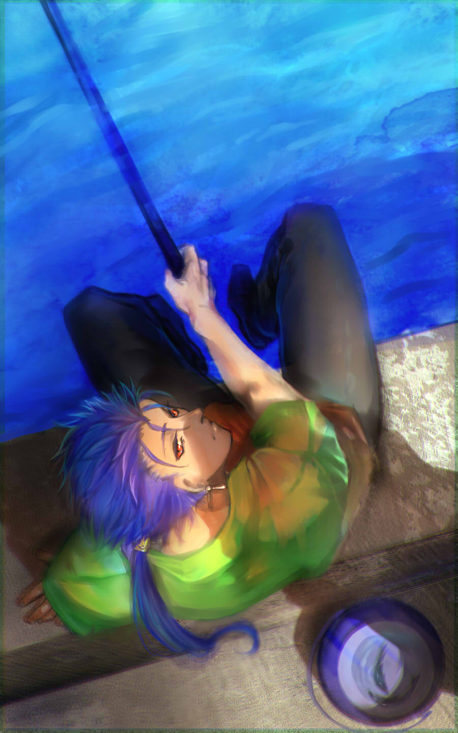 1boy blue_hair bucket closed_mouth cu_chulainn_(fate)_(all) drrra earrings fate/stay_night fate_(series) fishing fishing_rod from_above highres jewelry lancer long_hair male_focus multicolored_shirt pants ponytail red_eyes short_sleeves slit_pupils solo spiky_hair type-moon water