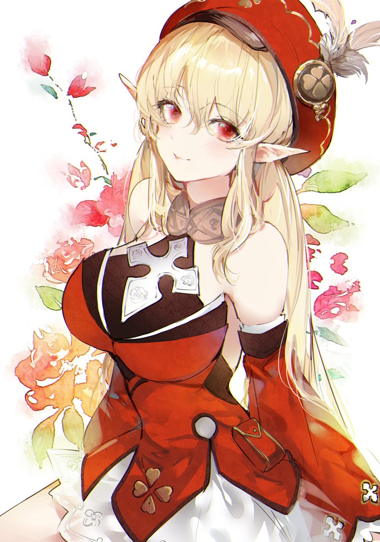 1girl bare_shoulders beret blonde_hair breasts cowboy_shot detached_sleeves dress floral_background flower genshin_impact halter_dress hat kinokohime klee_(genshin_impact) large_breasts long_hair long_sleeves looking_at_viewer low_twintails older pointy_ears red_dress red_eyes red_flower red_headwear short_dress sidelocks smile solo twintails white_background wide_sleeves