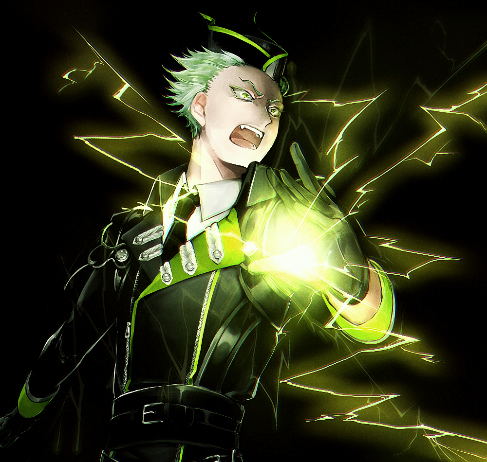 :o belt black_background black_gloves black_headwear gloves green_eyes green_hair long_sleeves magic male_focus sebek_zigvolt shouting twisted_wonderland upper_body utsuginoki