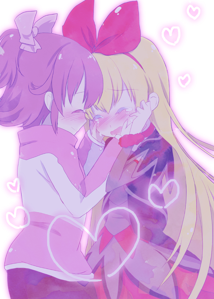 2girls aida_mana aikawa_ruru blonde_hair blush closed_eyes couple dokidoki!_precure hairband hands_on_another's_cheeks hands_on_another's_face heart long_hair multiple_girls pink_hair precure red_ribbon regina_(dokidoki!_precure) ribbon short_hair simple_background smile tears white_background yuri