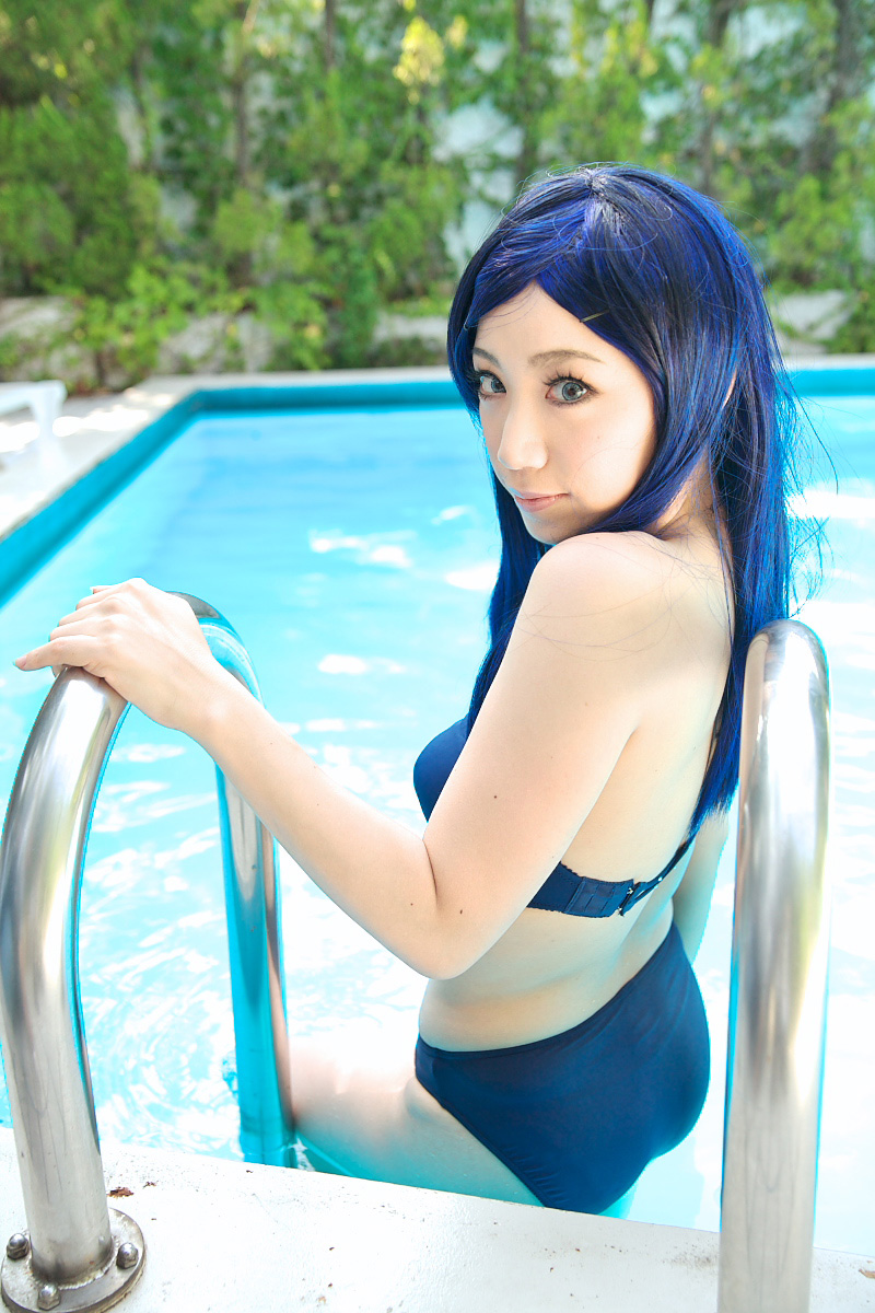 armband bikini blue_hair cosplay kuga_natsuki mai_hime miyuki photo pool swimsuit