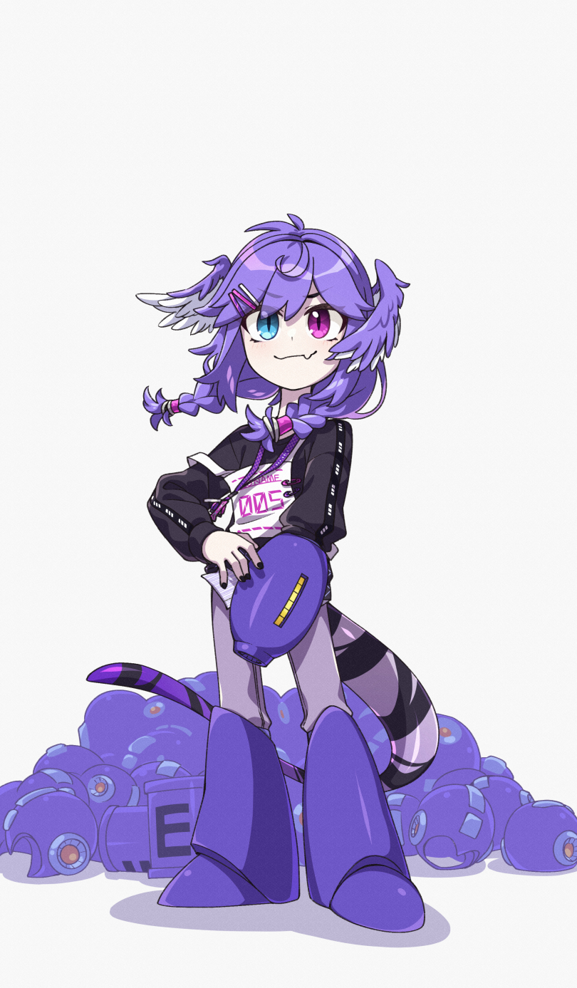 1girl blue_eyes braid dragon_girl dragon_tail dragon_wings eyebrows_visible_through_hair fang full_body hair_between_eyes head_wings helmet heterochromia highres leg_armor long_sleeves looking_at_viewer mega_man_(series) mega_man_3 nijisanji nijisanji_en pants purple_hair selen_tatsuki simple_background skin_fang slit_pupils solo standing sumiya_nadateru tail twin_braids violet_eyes white_background wings